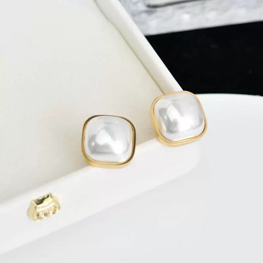 Golden Pearl Square Stud Earrings