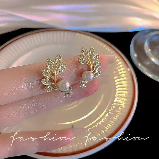 Leaf and Pearl Stud Earrings