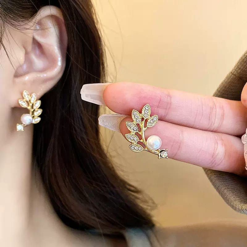 Leaf and Pearl Stud Earrings